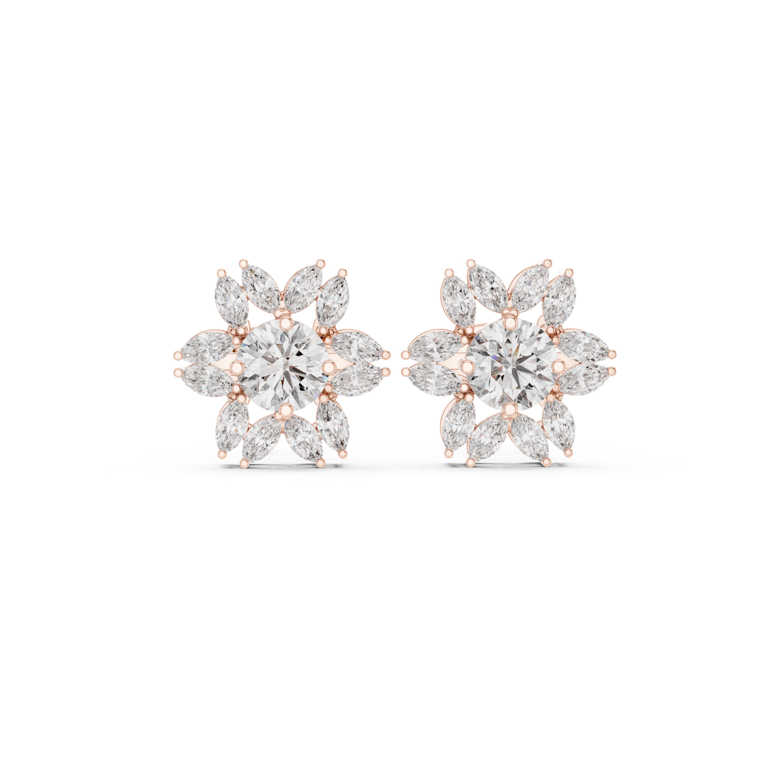 14K Solid Gold Lab Diamond Flower Cluster Earrings, Rose Gold
