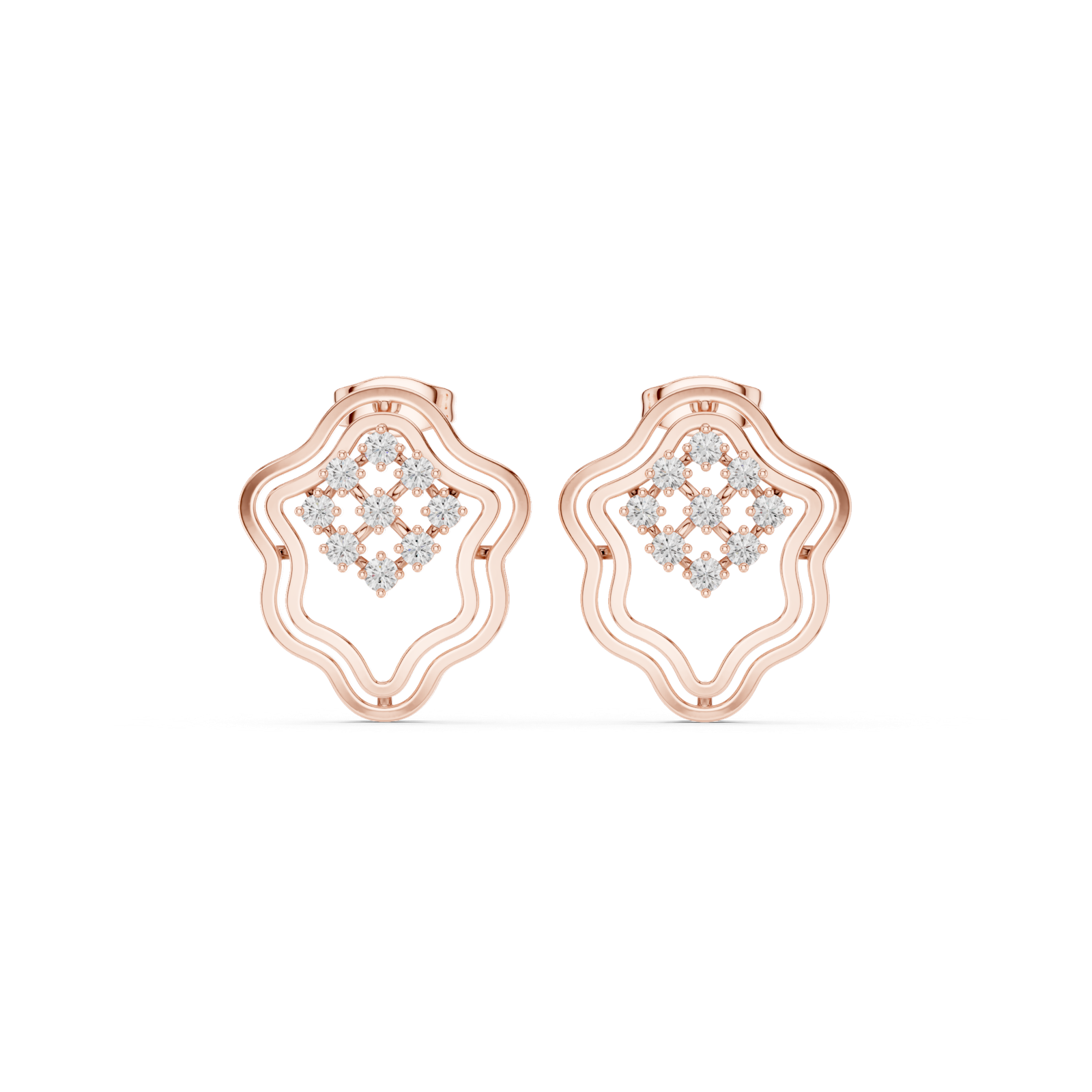 14K Solid Gold Lab Diamond Flower Cluster Earrings, Rose Gold