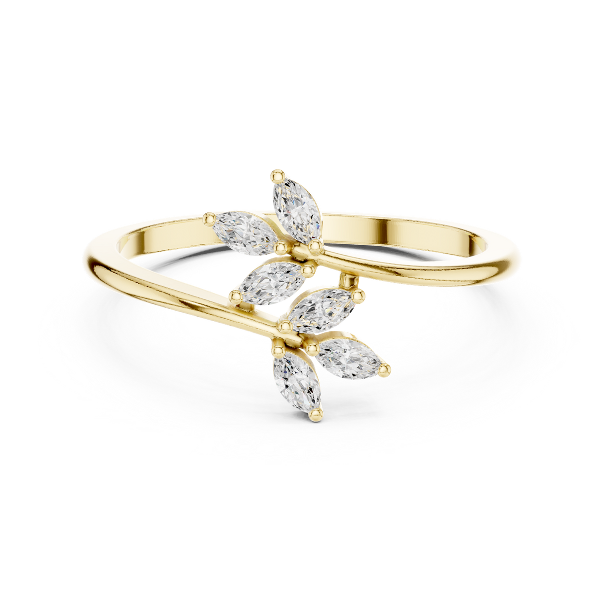 14K Solid Gold Lab Diamond Leaf Cluster Ring, Yellow Gold