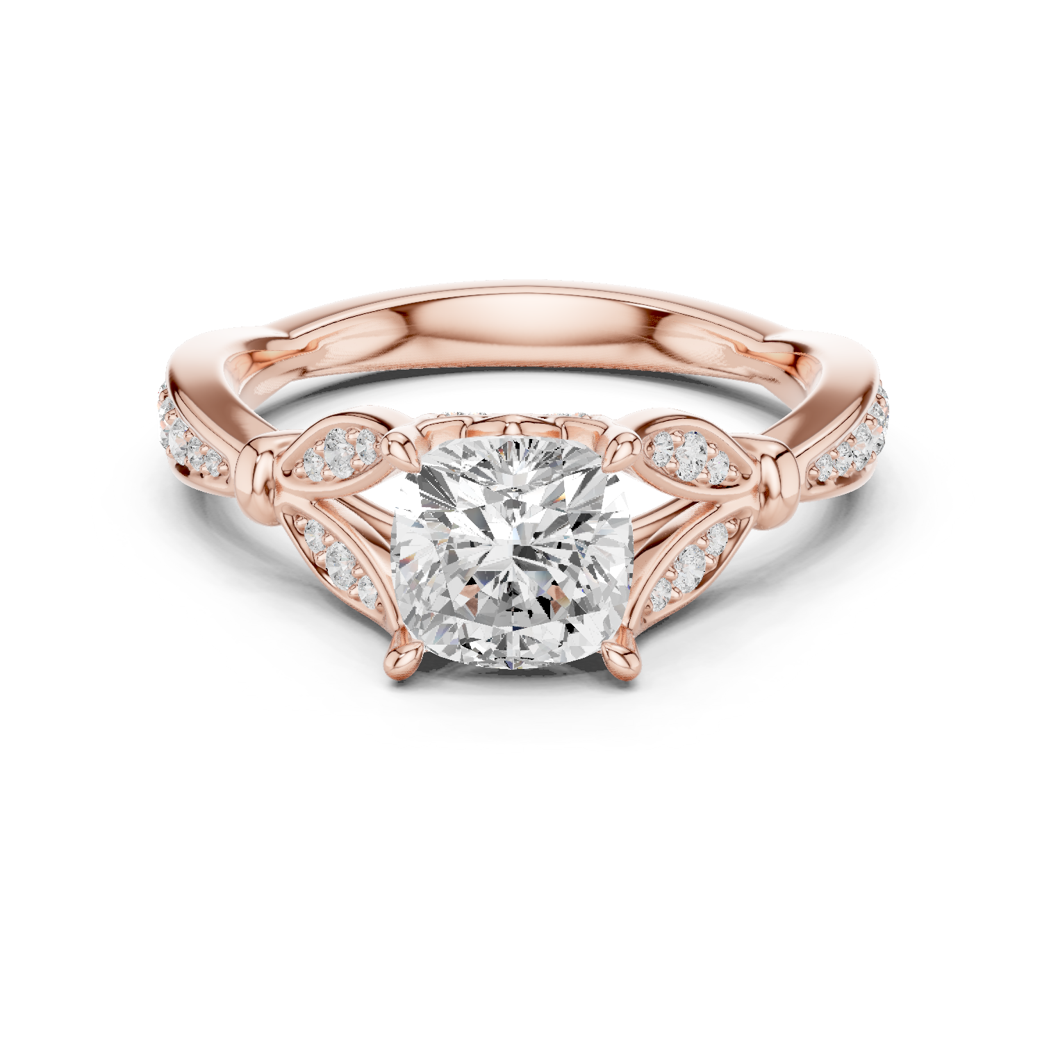 Gold Ring DDLR-257, Cushion center stone, Rose Gold