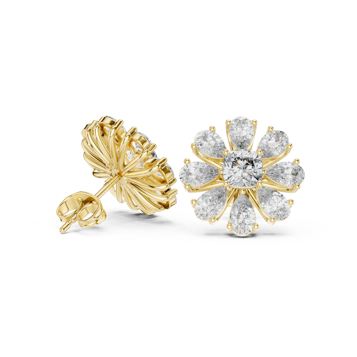 14K Solid Gold Lab Diamond Flower Halo Earrings, Yellow Gold, view 1