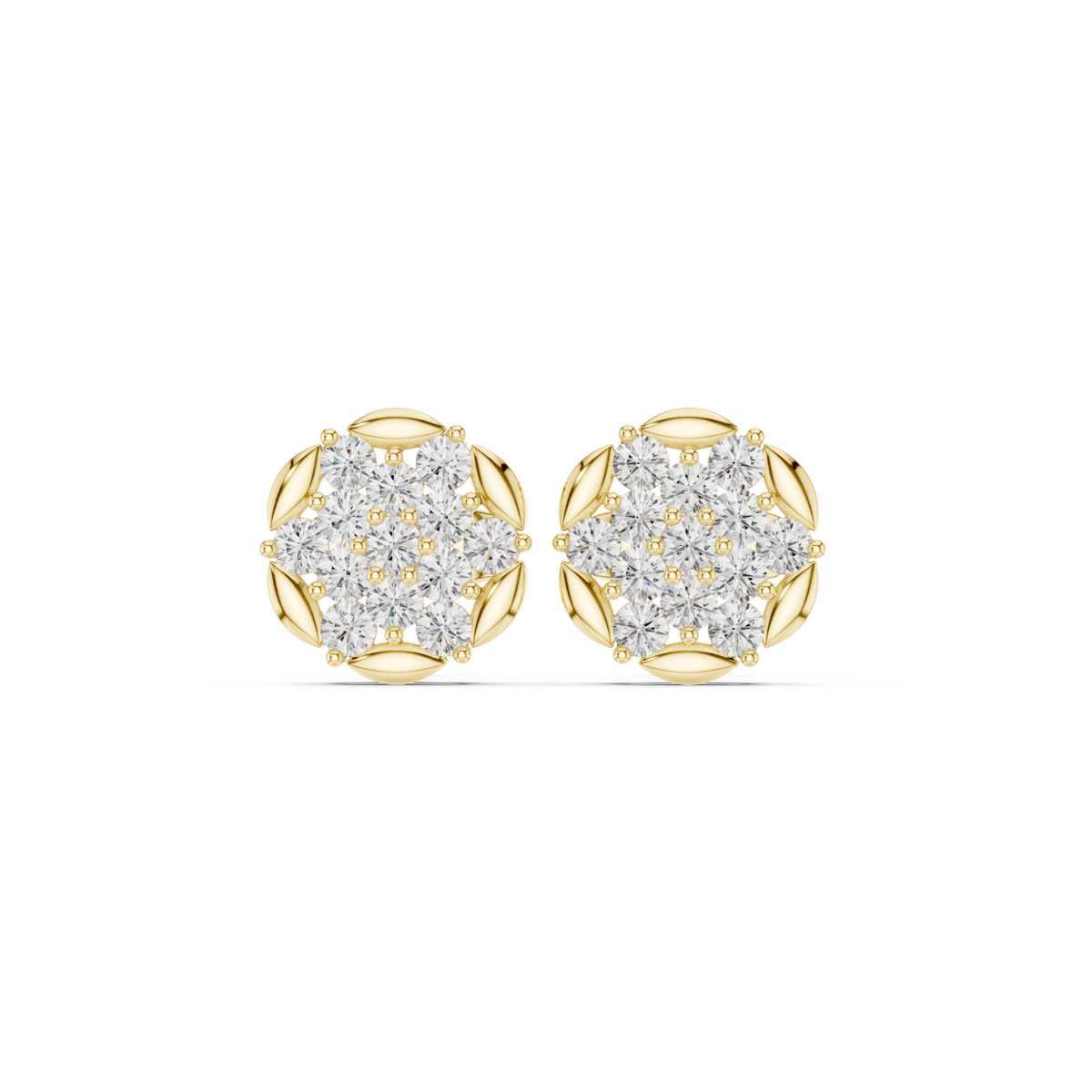 14K Solid Gold Lab Diamond Flower Cluster Earrings, Yellow Gold