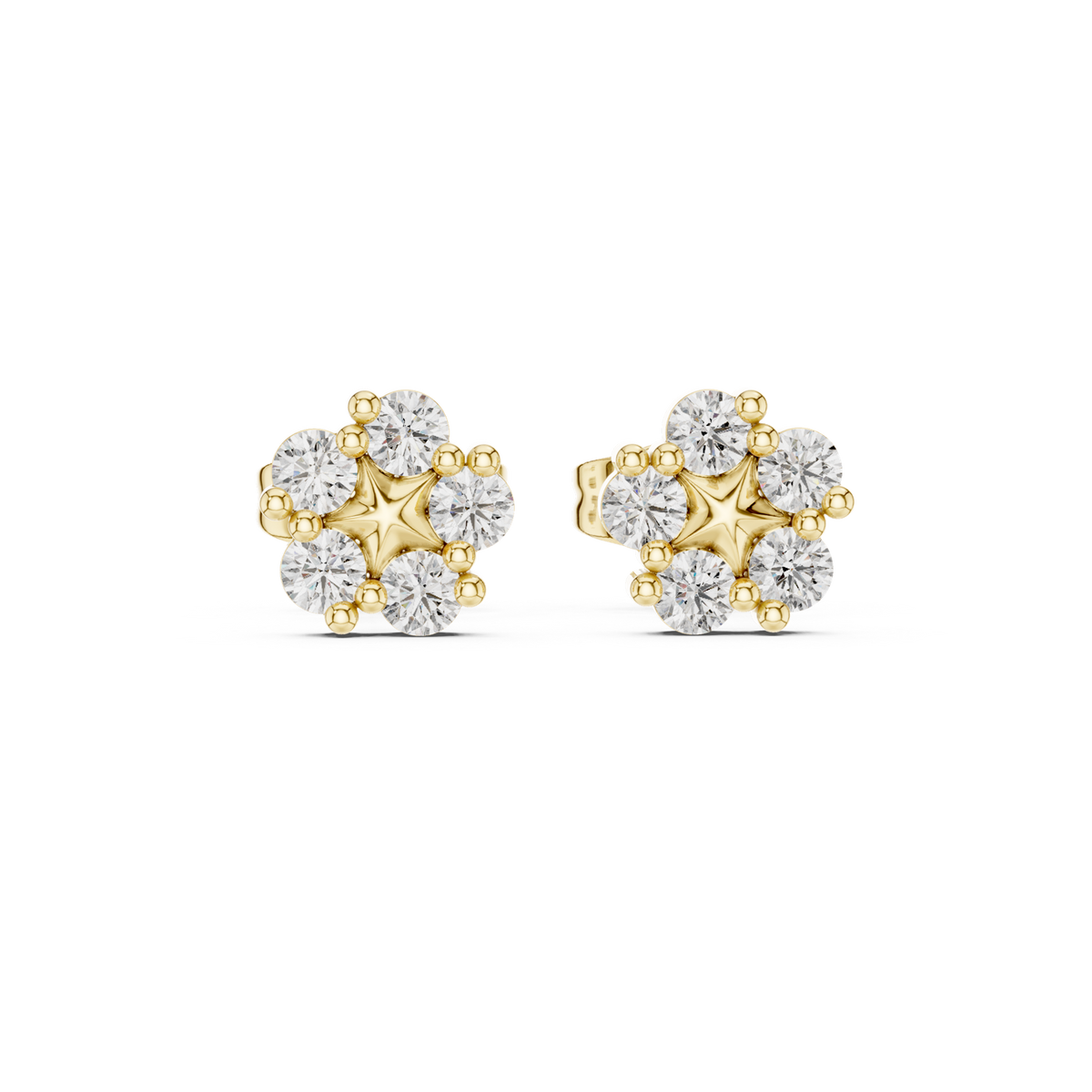 14K Solid Gold Lab Diamond Flower Cluster Earrings, Yellow Gold