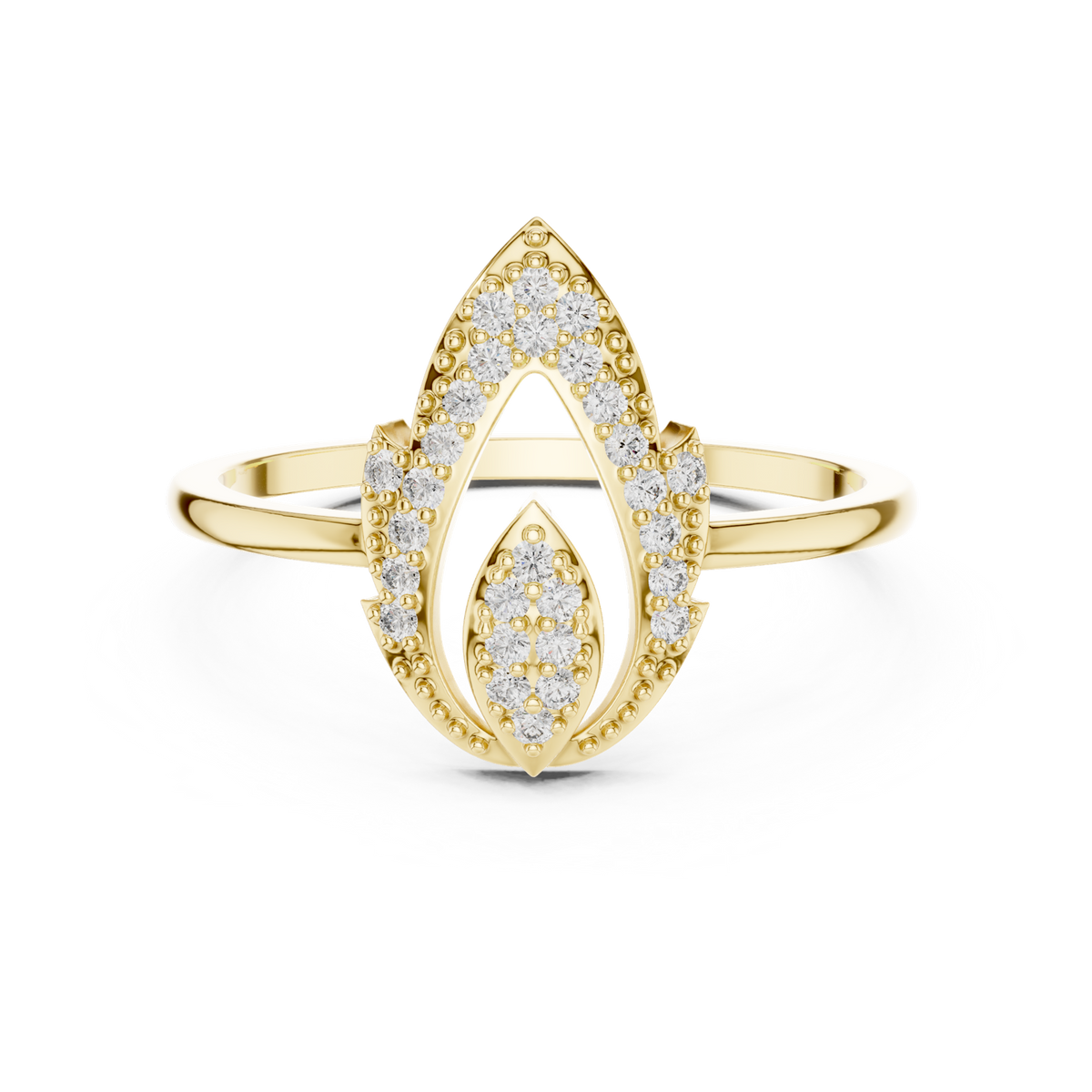 14K Solid Gold Lab Diamond Leaf Cluster Ring, Yellow Gold