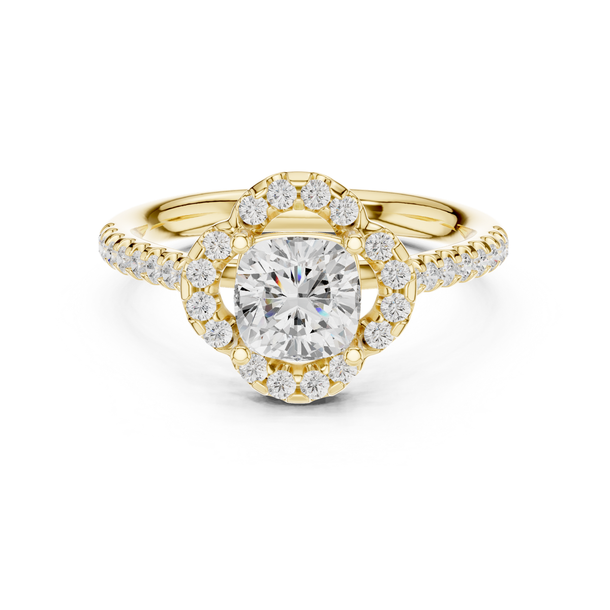 14K Solid Gold Lab Diamond Halo Ring, Yellow Gold