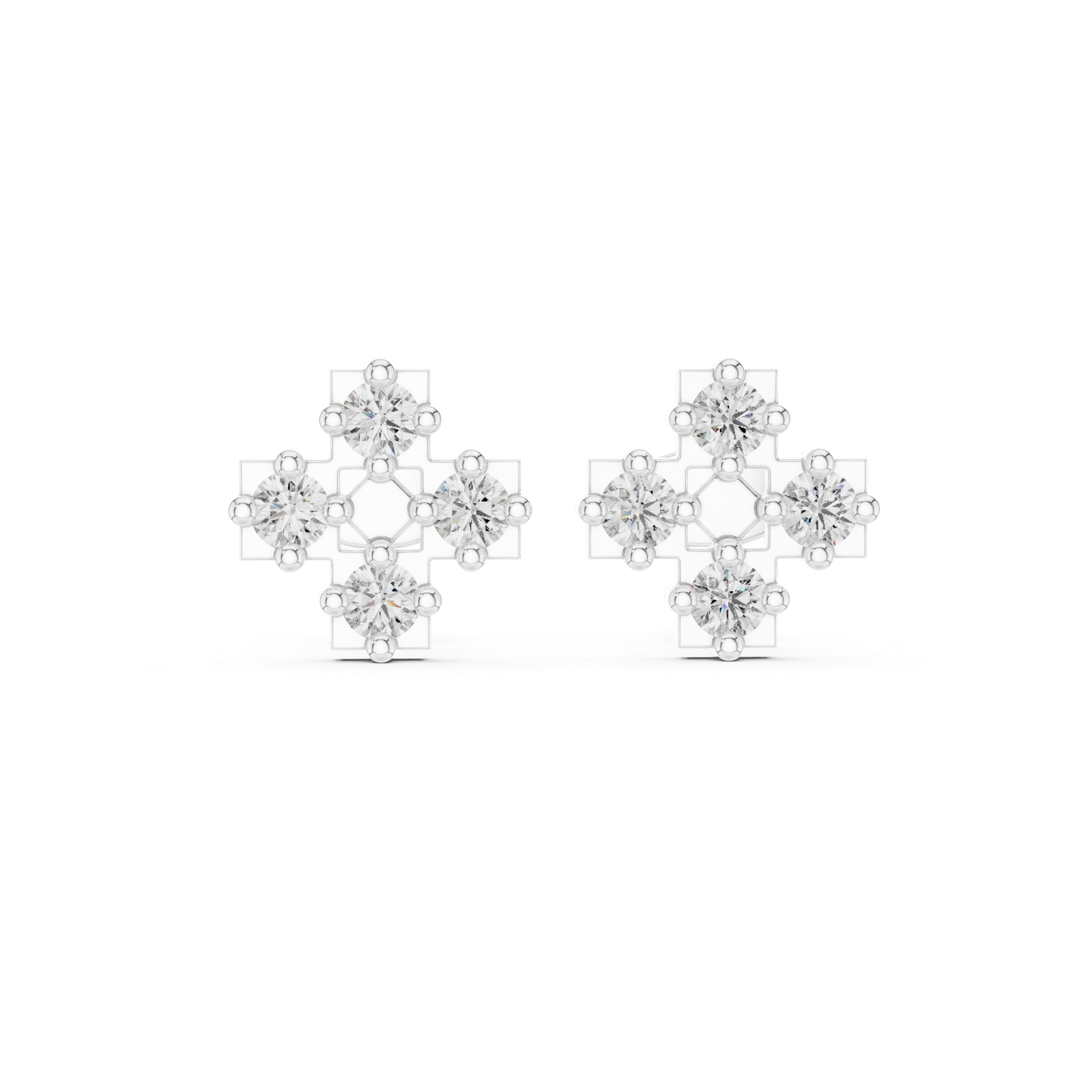 14K Solid Gold Lab Diamond Clover Cluster Earrings, White Gold