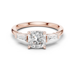 Gold Three-Stone Baguette Engagement Ring, Cushion center stone, Rose Gold