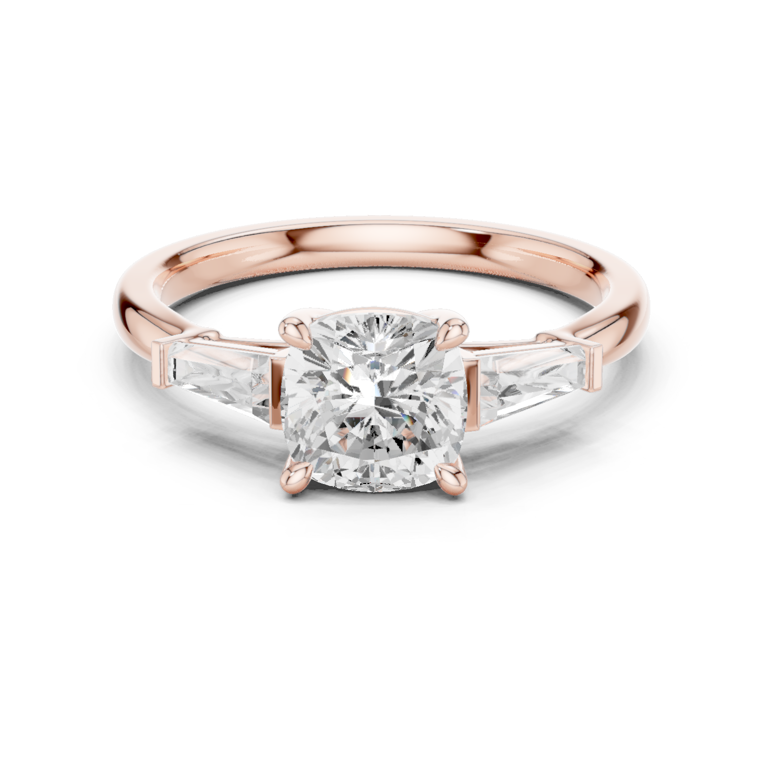 Gold Three-Stone Baguette Engagement Ring, Cushion center stone, Rose Gold