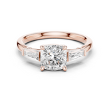 Gold Three-Stone Baguette Engagement Ring, Cushion center stone, Rose Gold