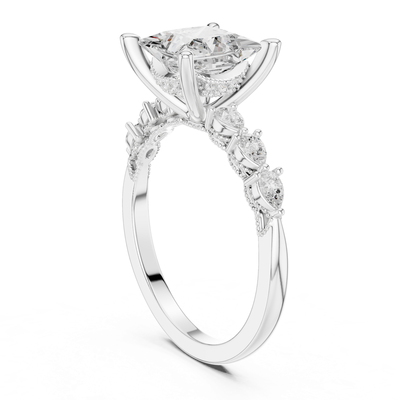 Gold Ring DDLR-168, Princess center stone, White Gold, view 1