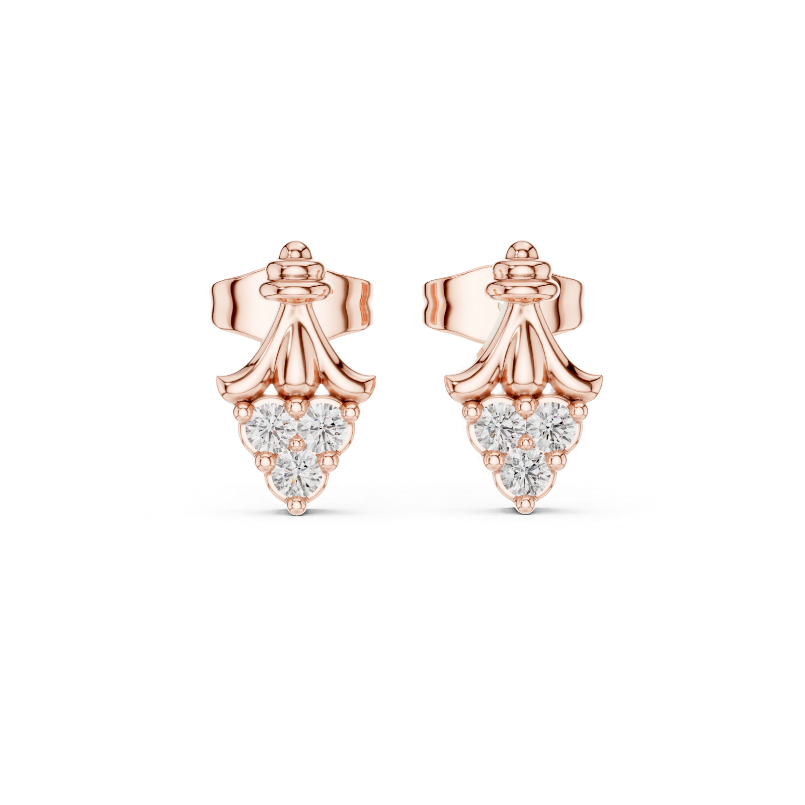 14K Solid Gold Lab Diamond Leaf Cluster Earrings, Rose Gold