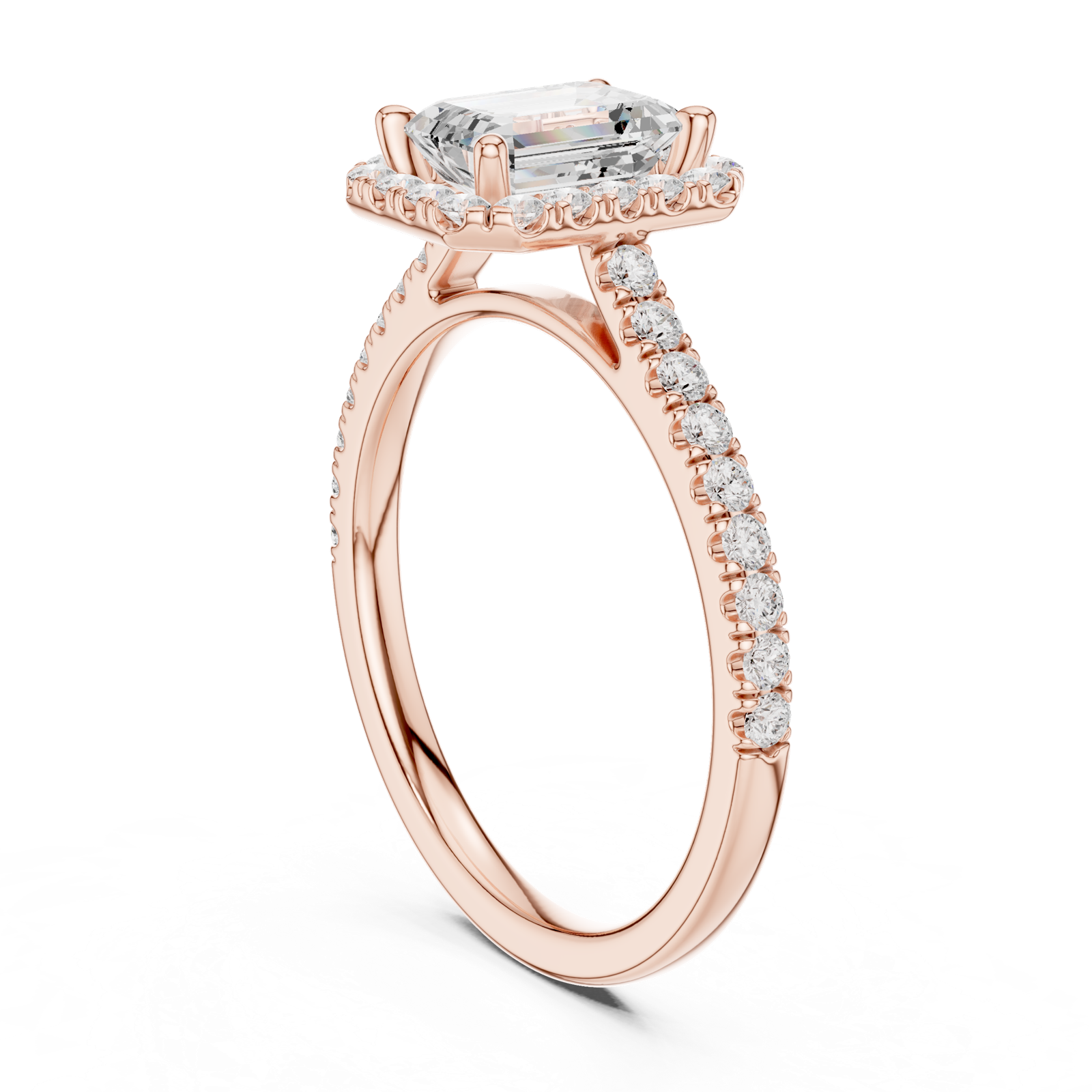 Gold Halo Pave Engagement Ring, Emerald center stone, Rose Gold, view 1