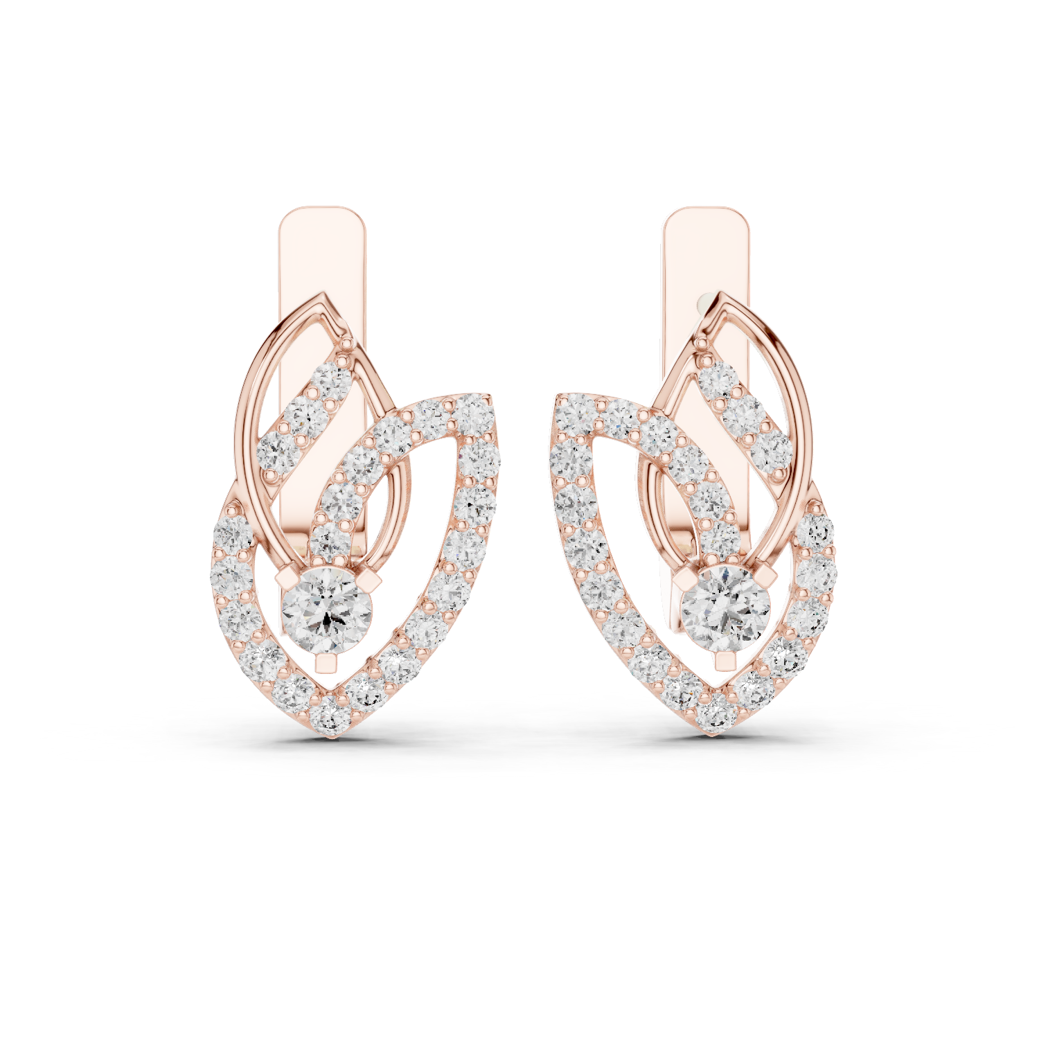 14K Solid Gold Lab Diamond Leaf Drop Earrings, Rose Gold