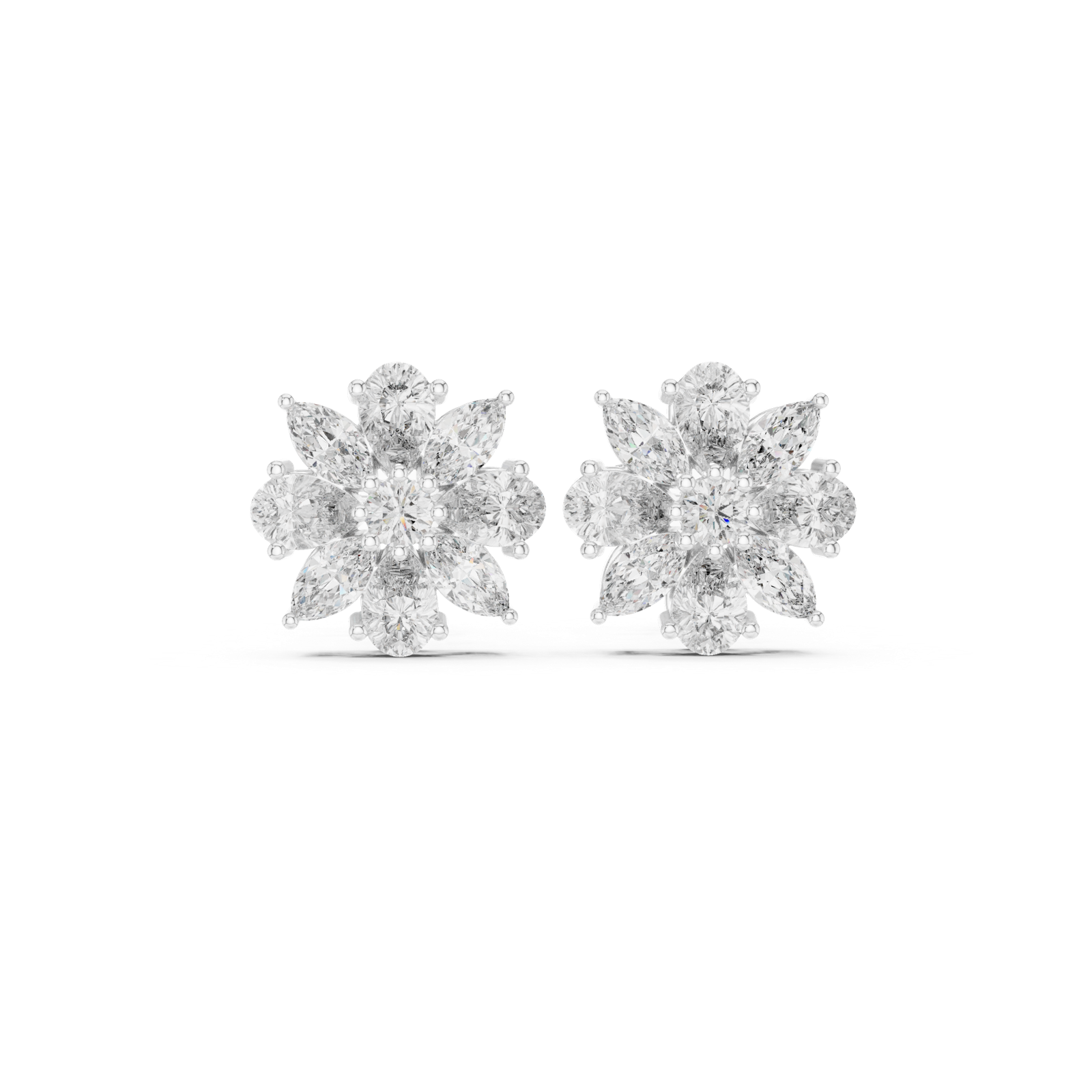14K Solid Gold Lab Diamond Flower Cluster Earrings, White Gold