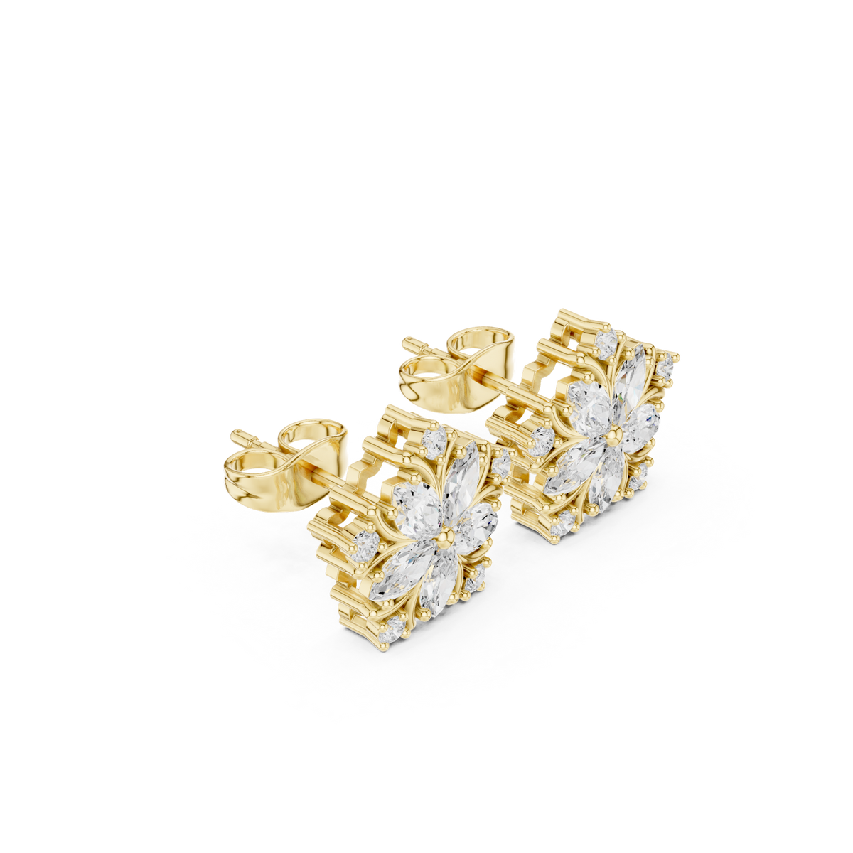 14K Solid Gold Lab Diamond Flower Cluster Earrings, Yellow Gold, view 1