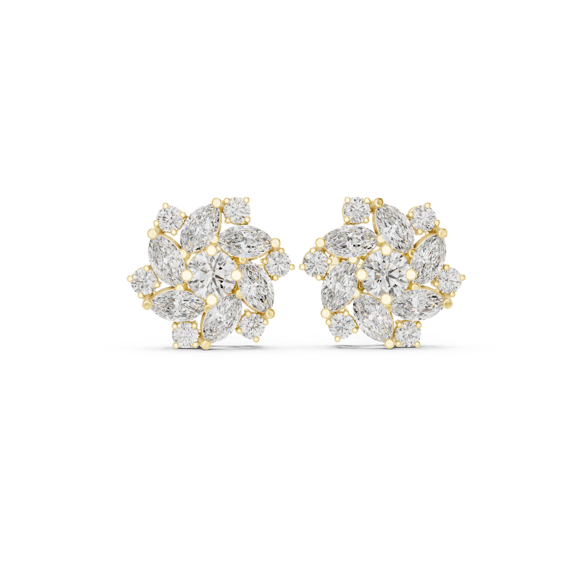 14K Solid Gold Lab Diamond Flower Cluster Earrings, Yellow Gold