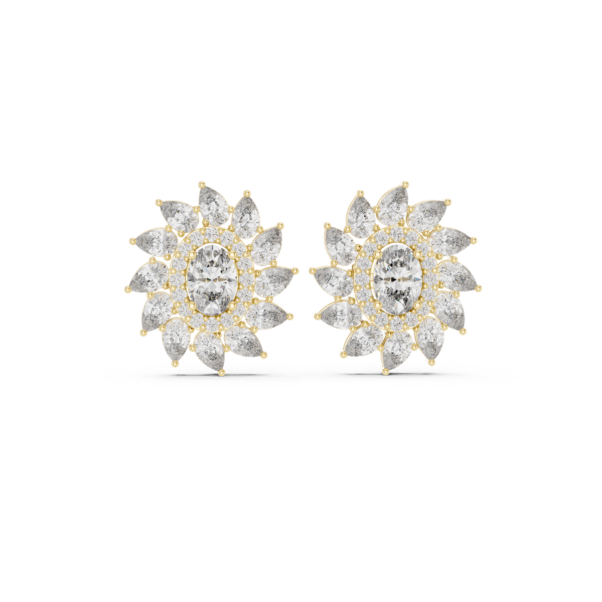 14K Solid Gold Lab Diamond Flower Halo Earrings, Yellow Gold