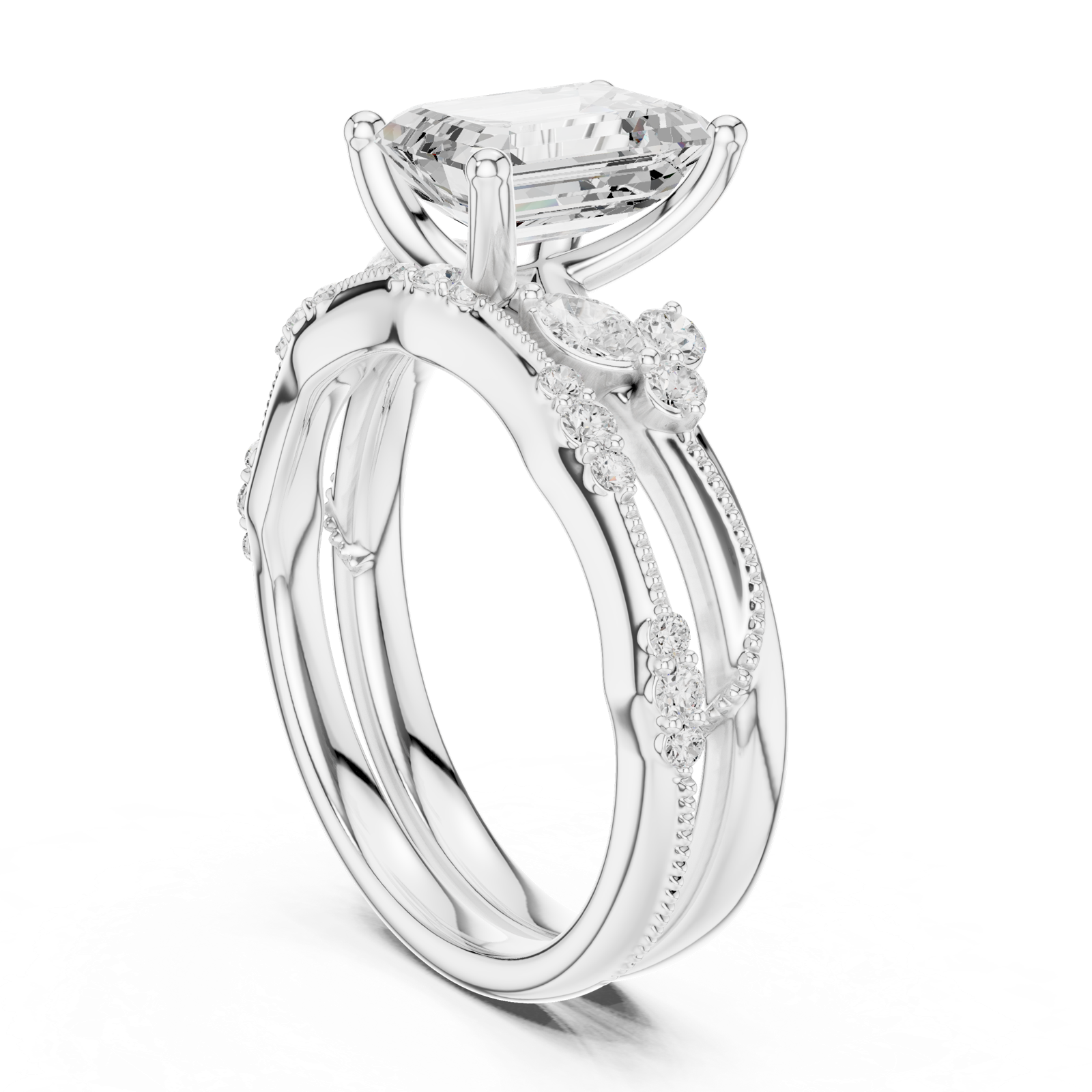 Gold Ring DDLR-299, Emerald center stone, White Gold, view 1