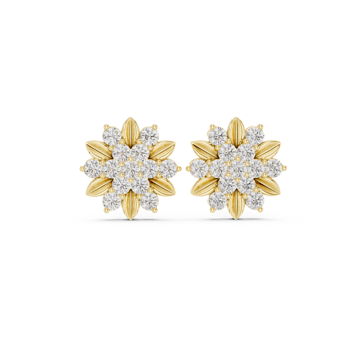 14K Solid Gold Lab Diamond Flower Cluster Earrings, Yellow Gold