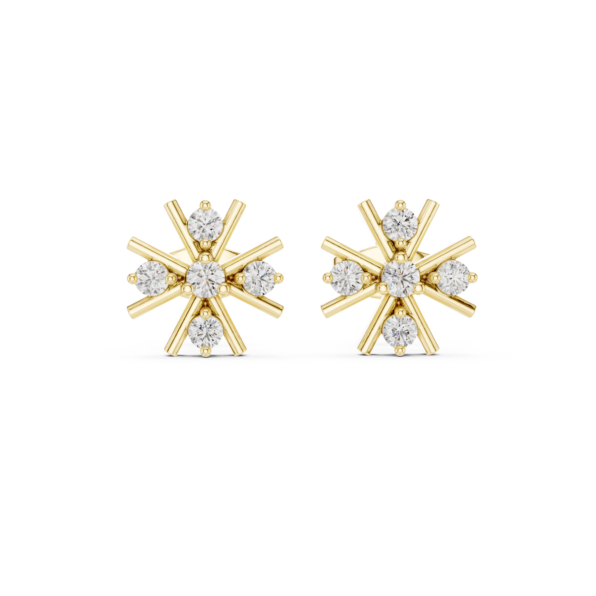 14K Solid Gold Lab Diamond Star Cluster Earrings, Yellow Gold