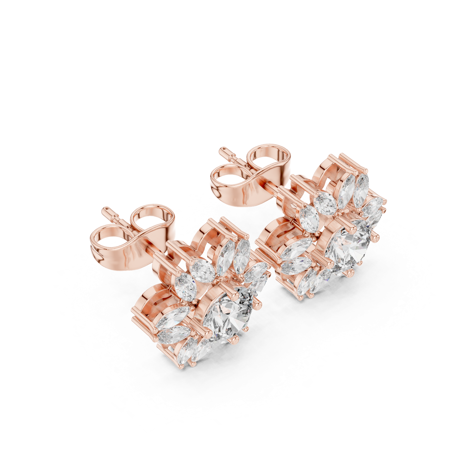 14K Solid Gold Lab Diamond Flower Cluster Earrings, Rose Gold, view 2
