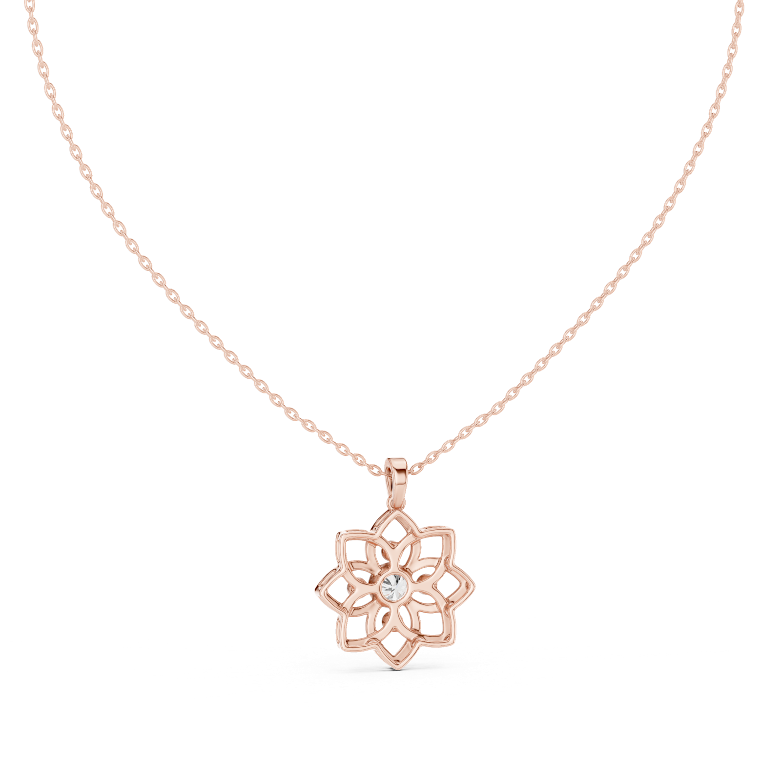 14K Solid Gold Lab Diamond Flower Pendant Necklace, Rose Gold