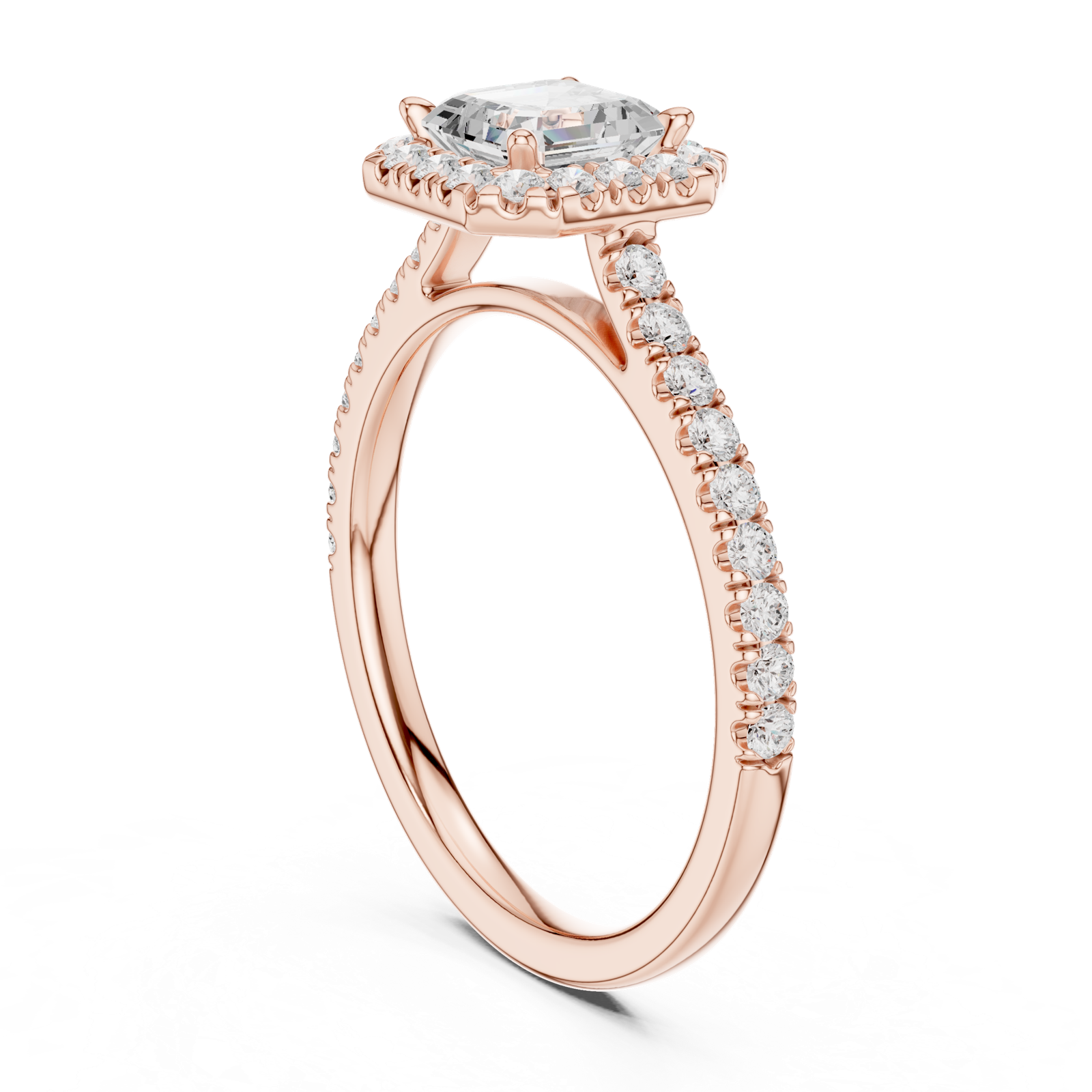 Gold Halo Pave Engagement Ring, Asscher center stone, Rose Gold, view 1
