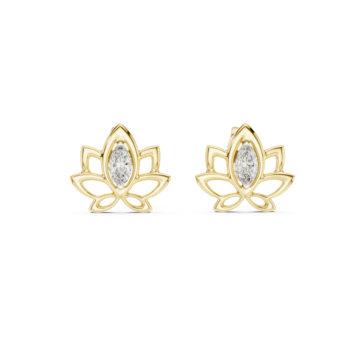 14K Solid Gold Lab Diamond Flower Stud Earrings, Yellow Gold