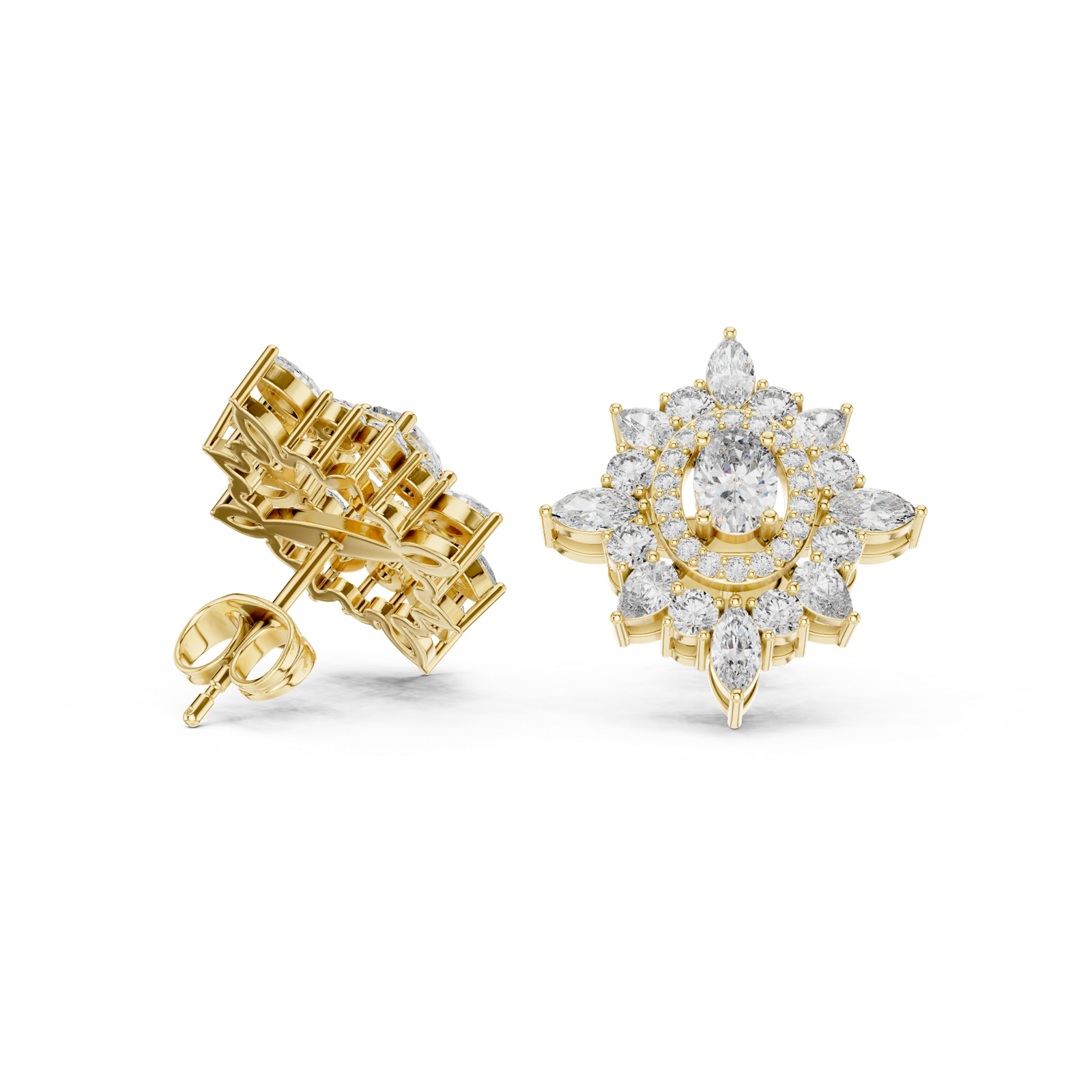 14K Solid Gold Lab Diamond Star Cluster Earrings, Yellow Gold, view 1