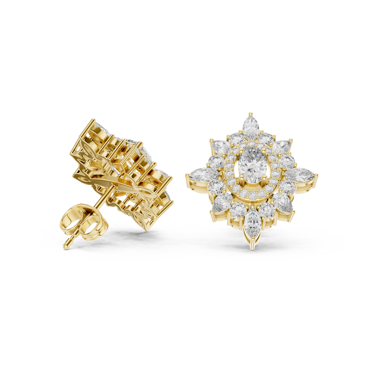 14K Solid Gold Lab Diamond Star Cluster Earrings, Yellow Gold, view 1