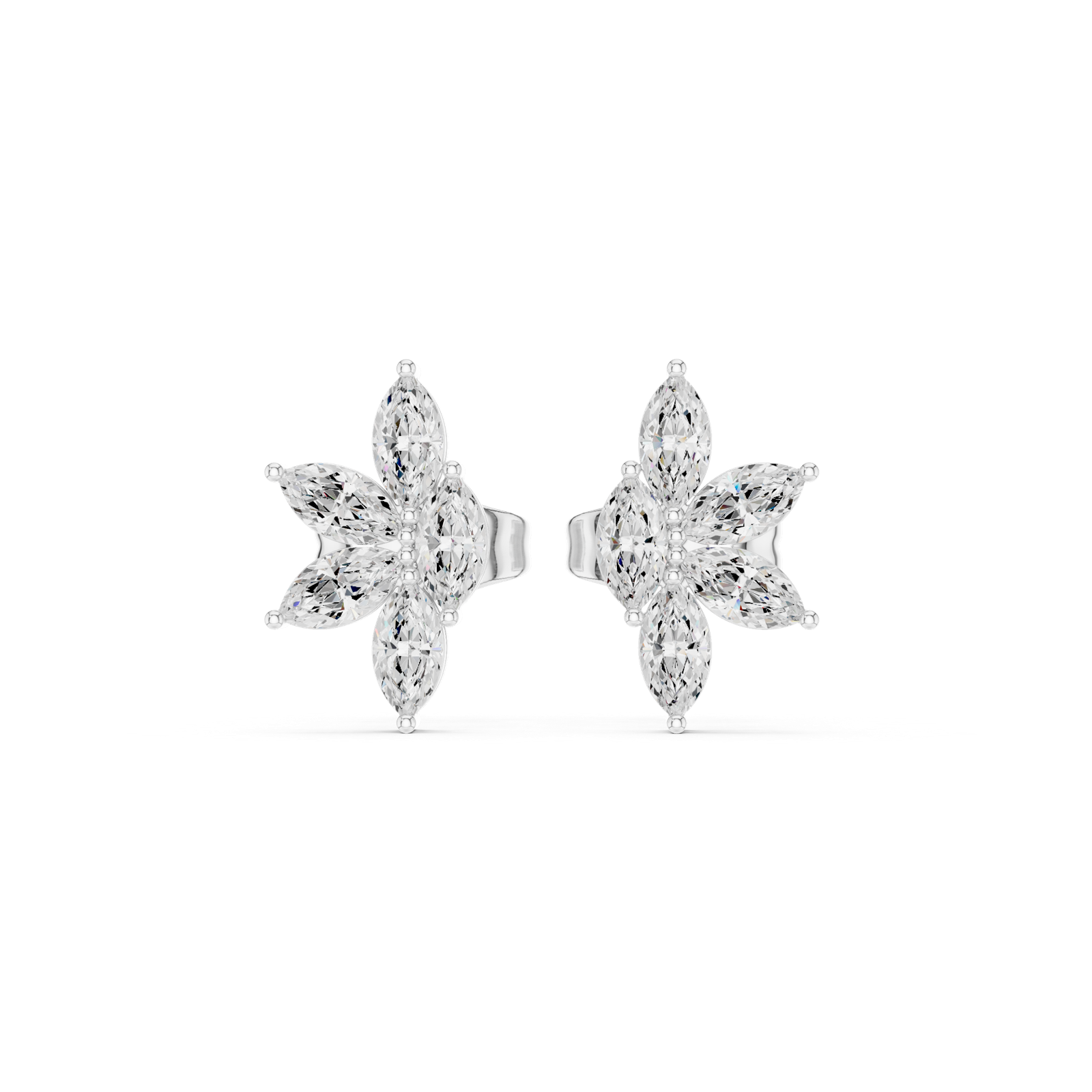 14K Solid Gold Lab Diamond Flower Cluster Earrings, White Gold