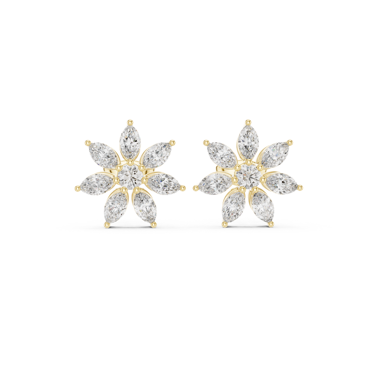 14K Solid Gold Lab Diamond Flower Cluster Earrings, Yellow Gold