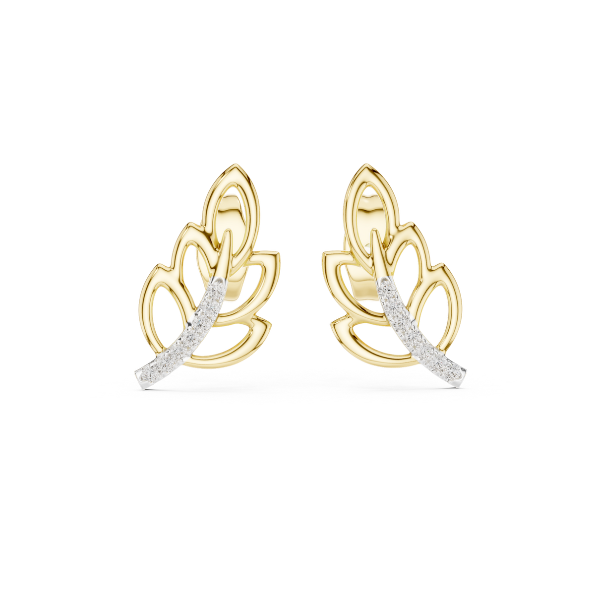 14K Solid Gold Lab Diamond Leaf Stud Earrings, Yellow Gold
