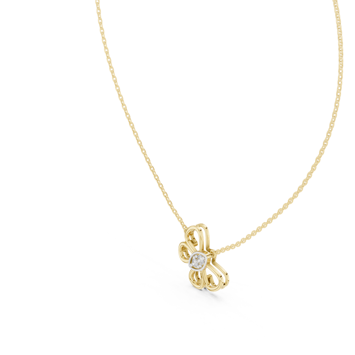 14K Solid Gold Lab Diamond Flower Pendant Necklace, Yellow Gold