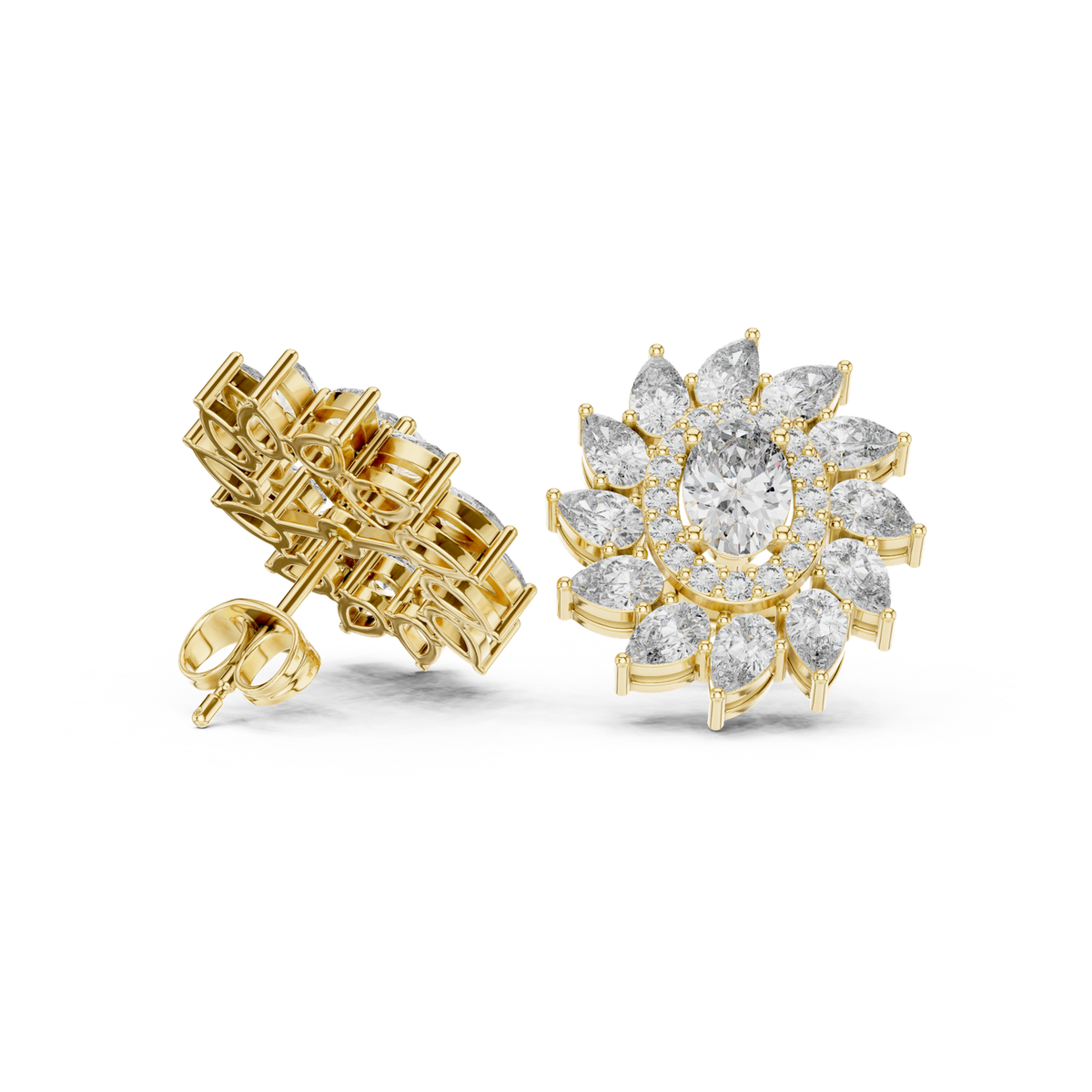 14K Solid Gold Lab Diamond Flower Halo Earrings, Yellow Gold, view 1