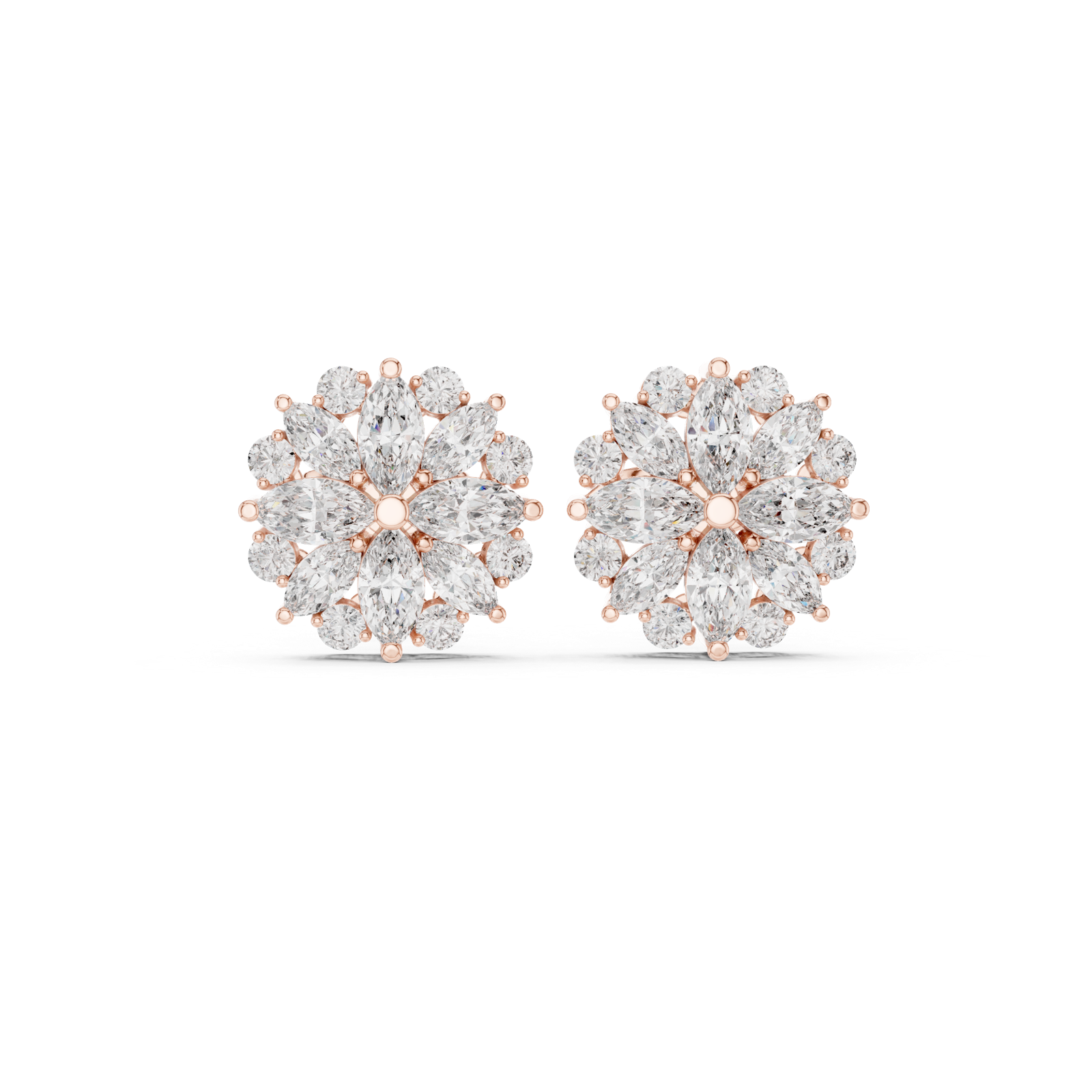 14K Solid Gold Lab Diamond Flower Cluster Earrings, Rose Gold