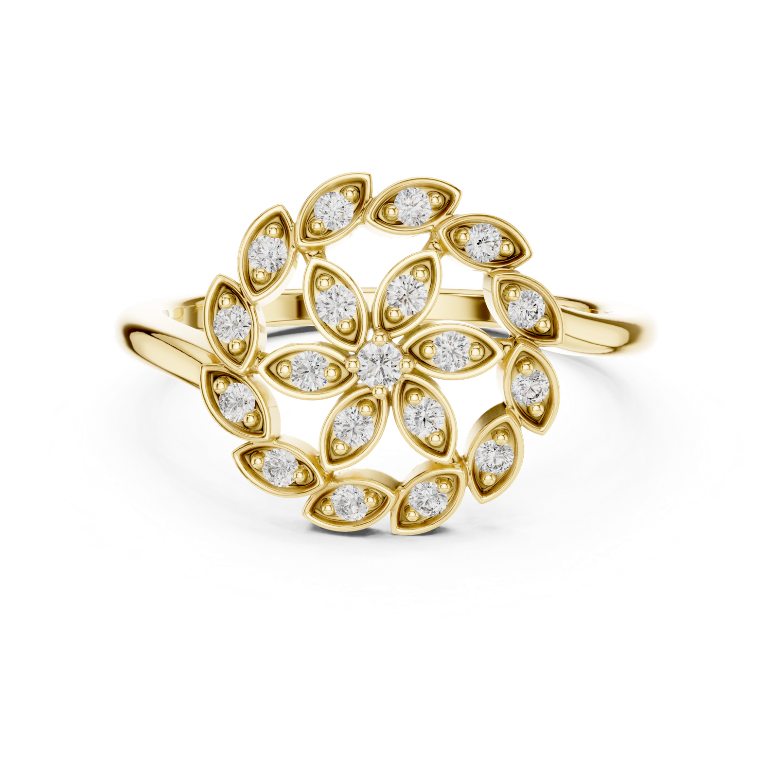14K Solid Gold Lab Diamond Flower Cluster Ring, Yellow Gold