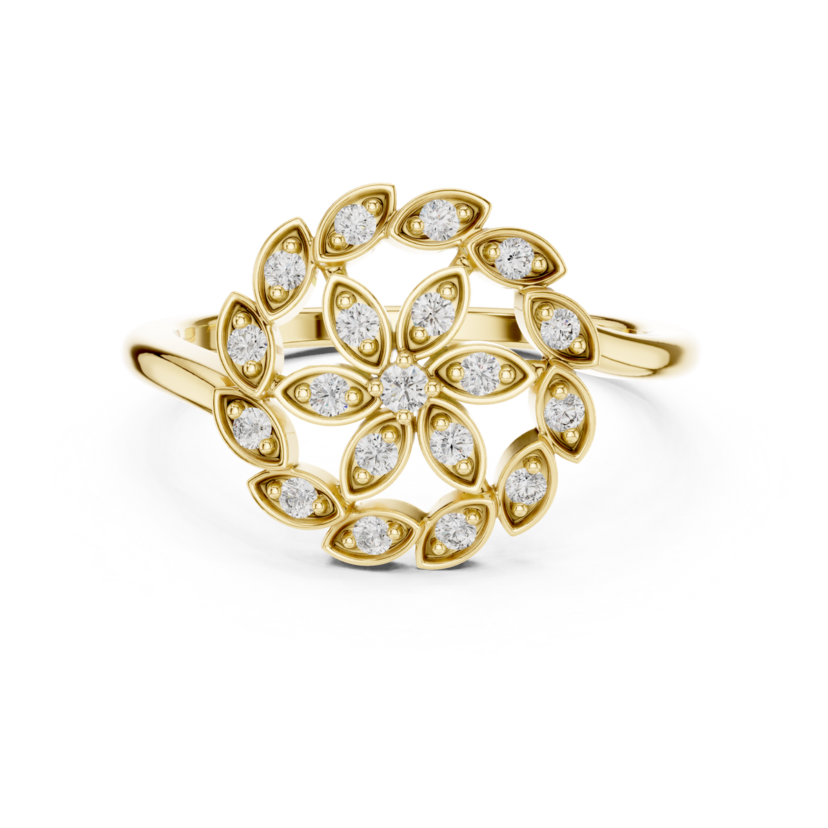 14K Solid Gold Lab Diamond Flower Cluster Ring, Yellow Gold