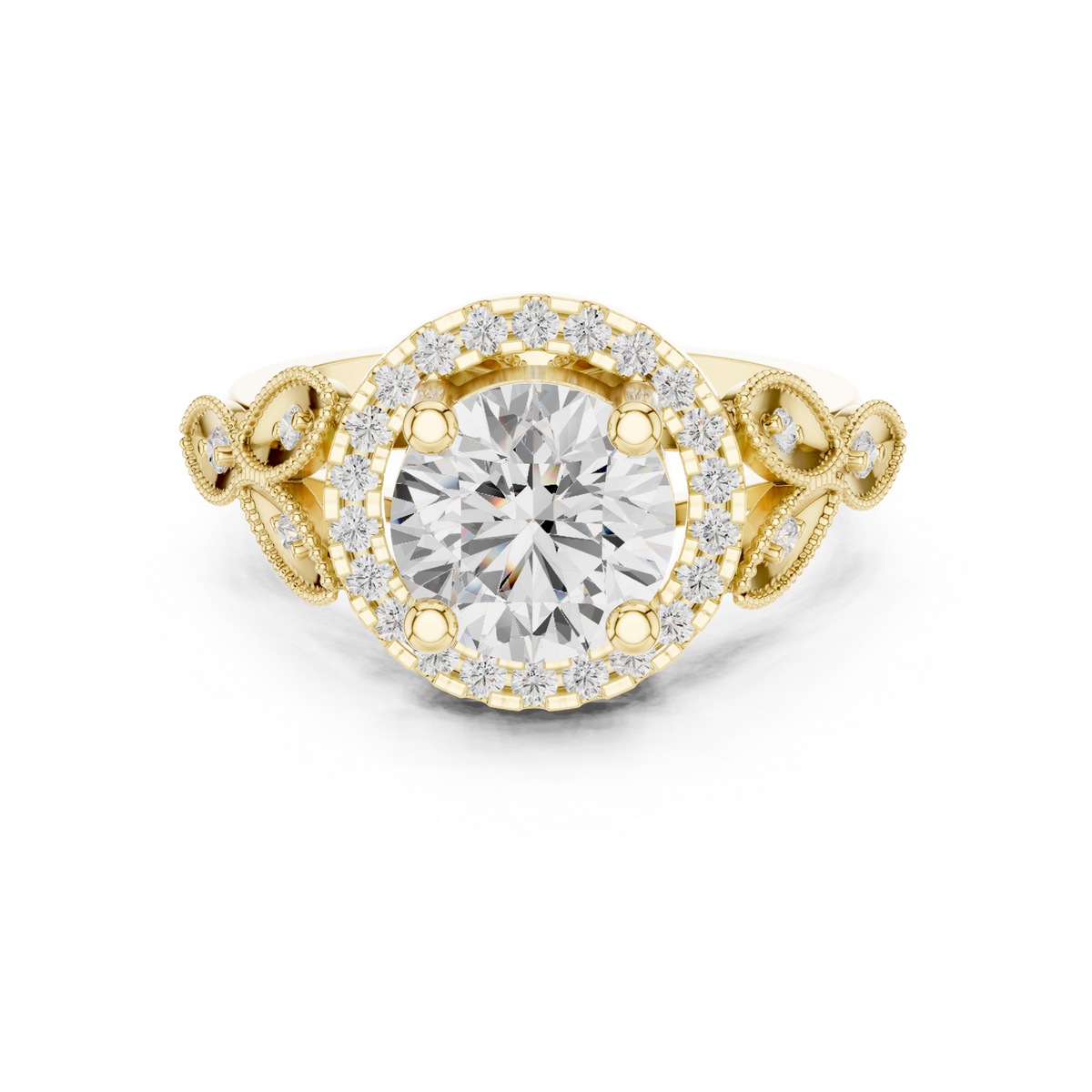 14K Solid Gold Lab Diamond Halo Ring, Yellow Gold