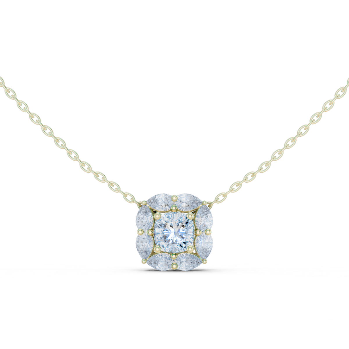 14K Solid Gold Lab Diamond Halo Pendant Necklace, Yellow Gold