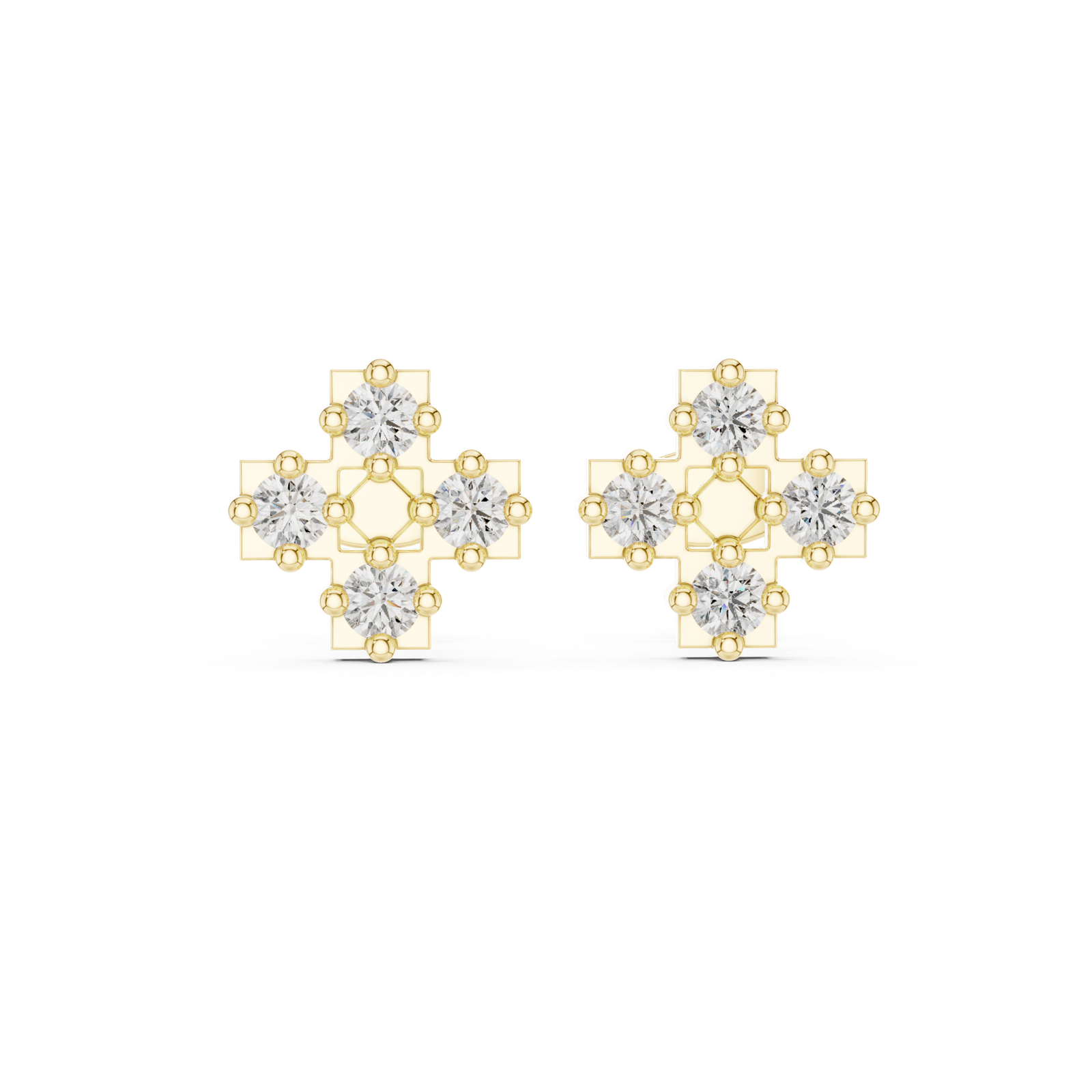 14K Solid Gold Lab Diamond Clover Cluster Earrings, Yellow Gold