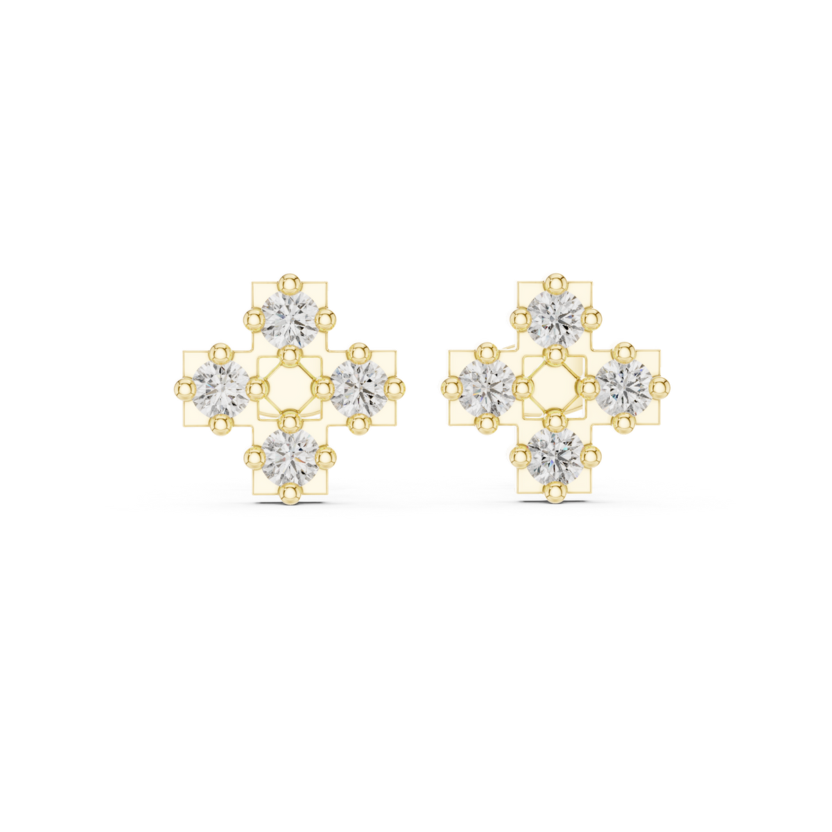 14K Solid Gold Lab Diamond Clover Cluster Earrings, Yellow Gold