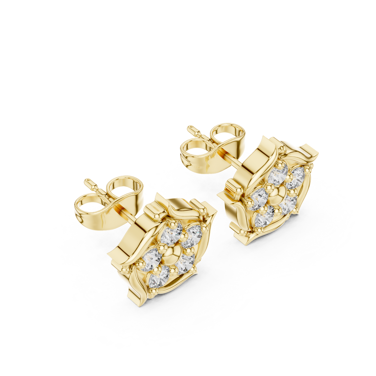 14K Solid Gold Lab Diamond Flower Cluster Earrings, Yellow Gold, view 2