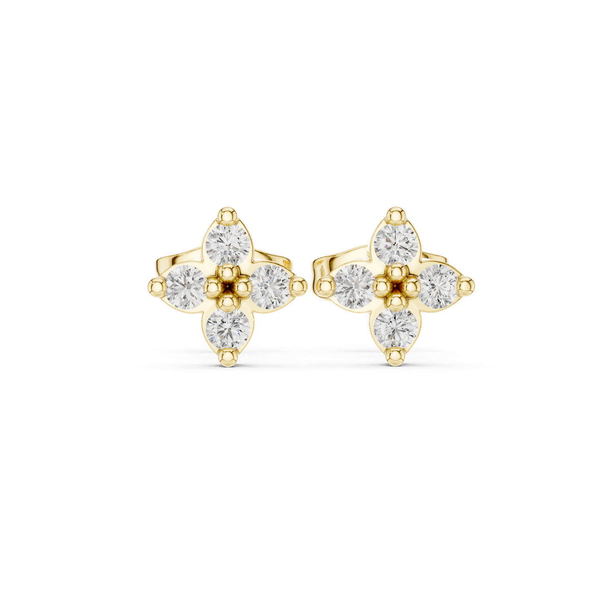 14K Solid Gold Lab Diamond Clover Cluster Earrings, Yellow Gold