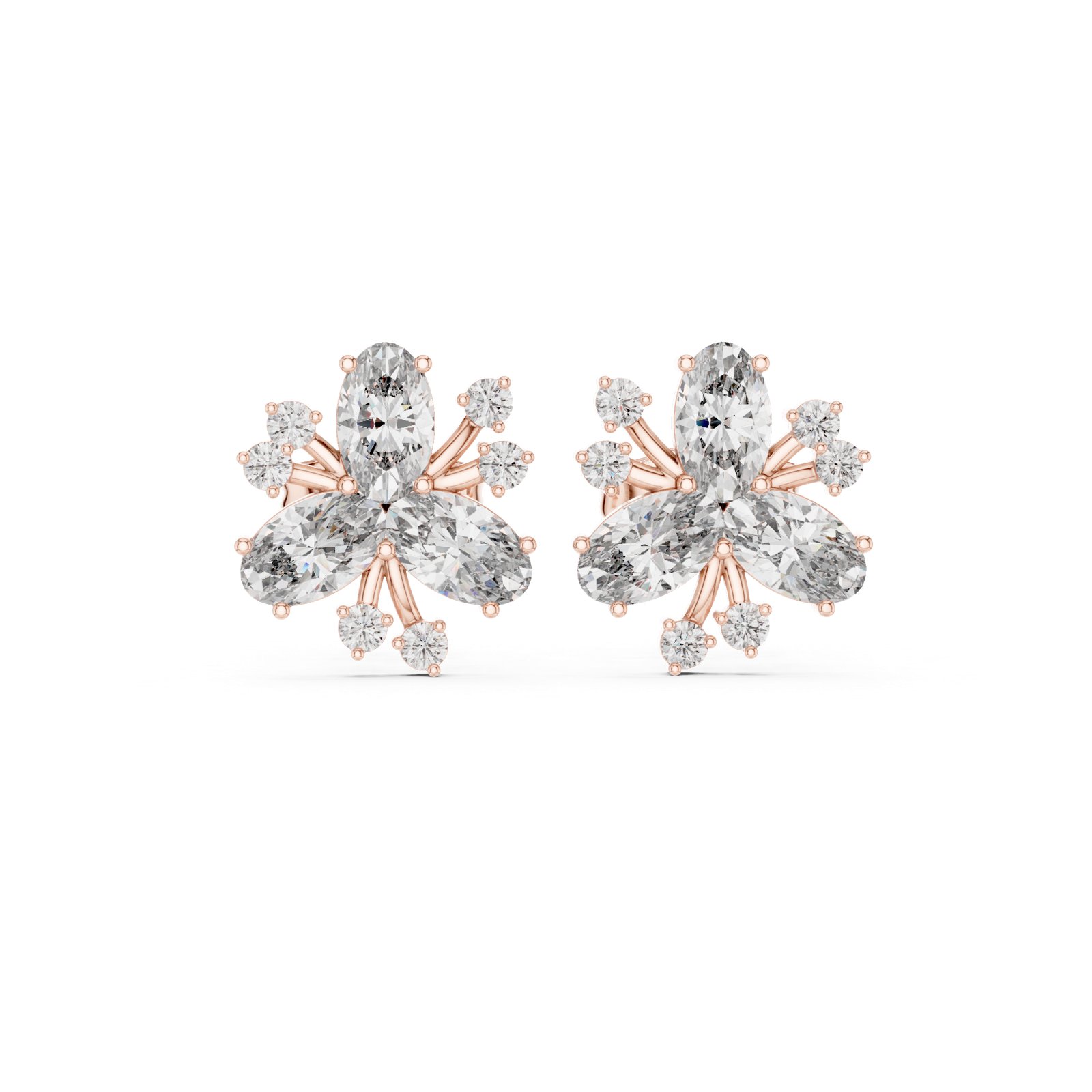 14K Solid Gold Lab Diamond Flower Cluster Earrings, Rose Gold