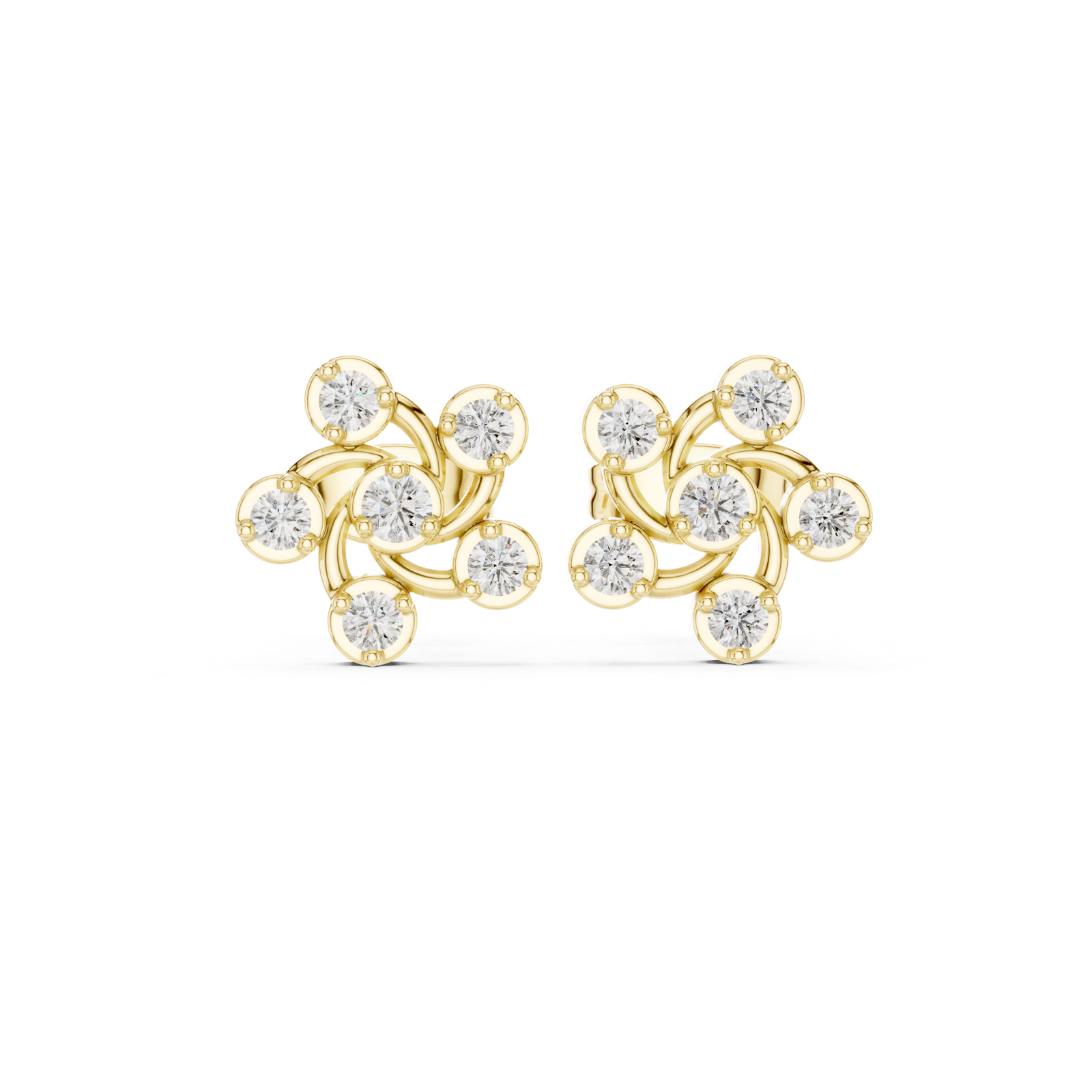 14K Solid Gold Lab Diamond Flower Cluster Earrings, Yellow Gold