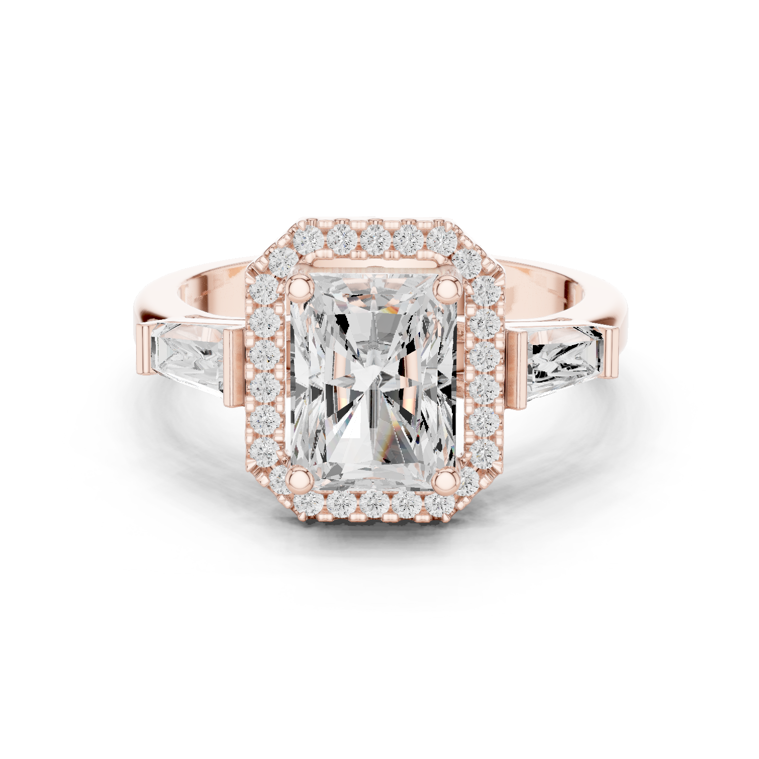 Gold Ring DDLR-342, Radiant center stone, Rose Gold