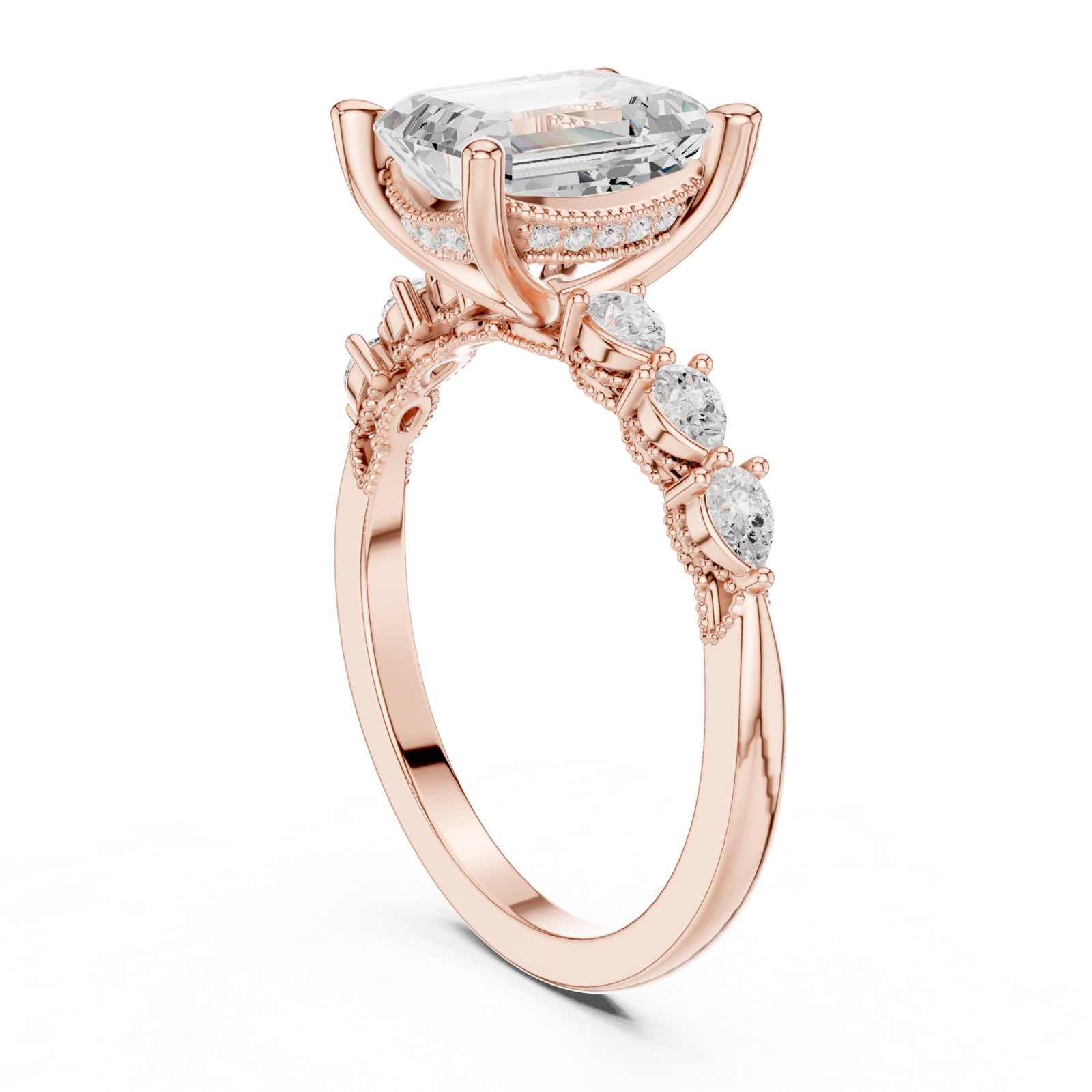 Gold Ring, Emerald center stone, Rose Gold, view 1