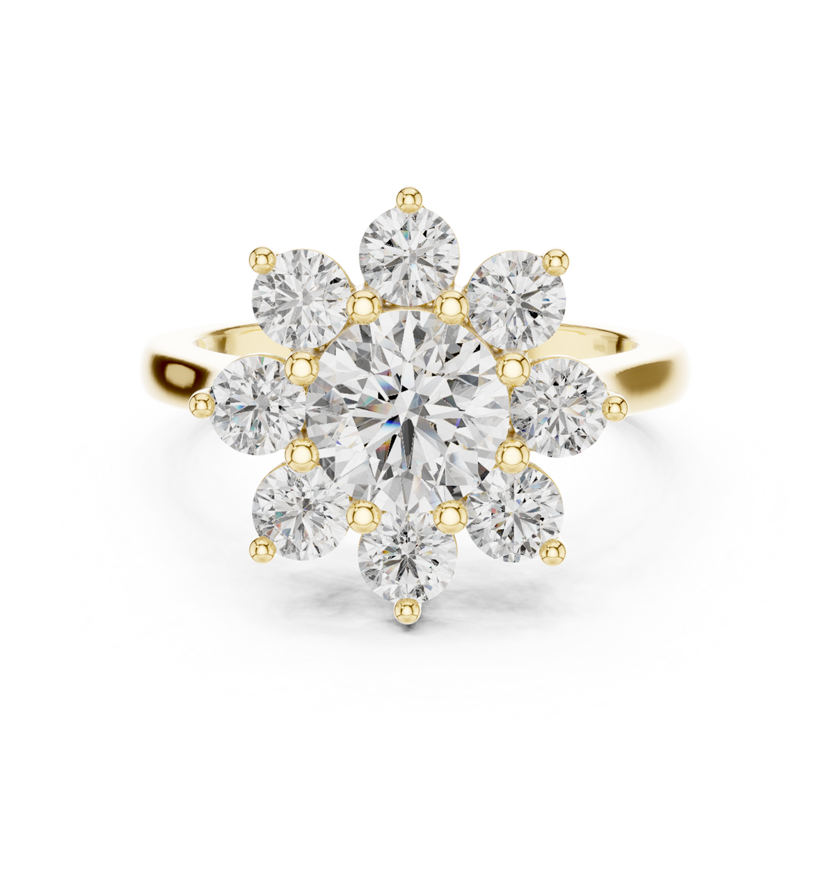 14K Solid Gold Lab Diamond Flower Cluster Ring, Yellow Gold