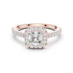 Gold Halo Pave Engagement Ring, Asscher center stone, Rose Gold